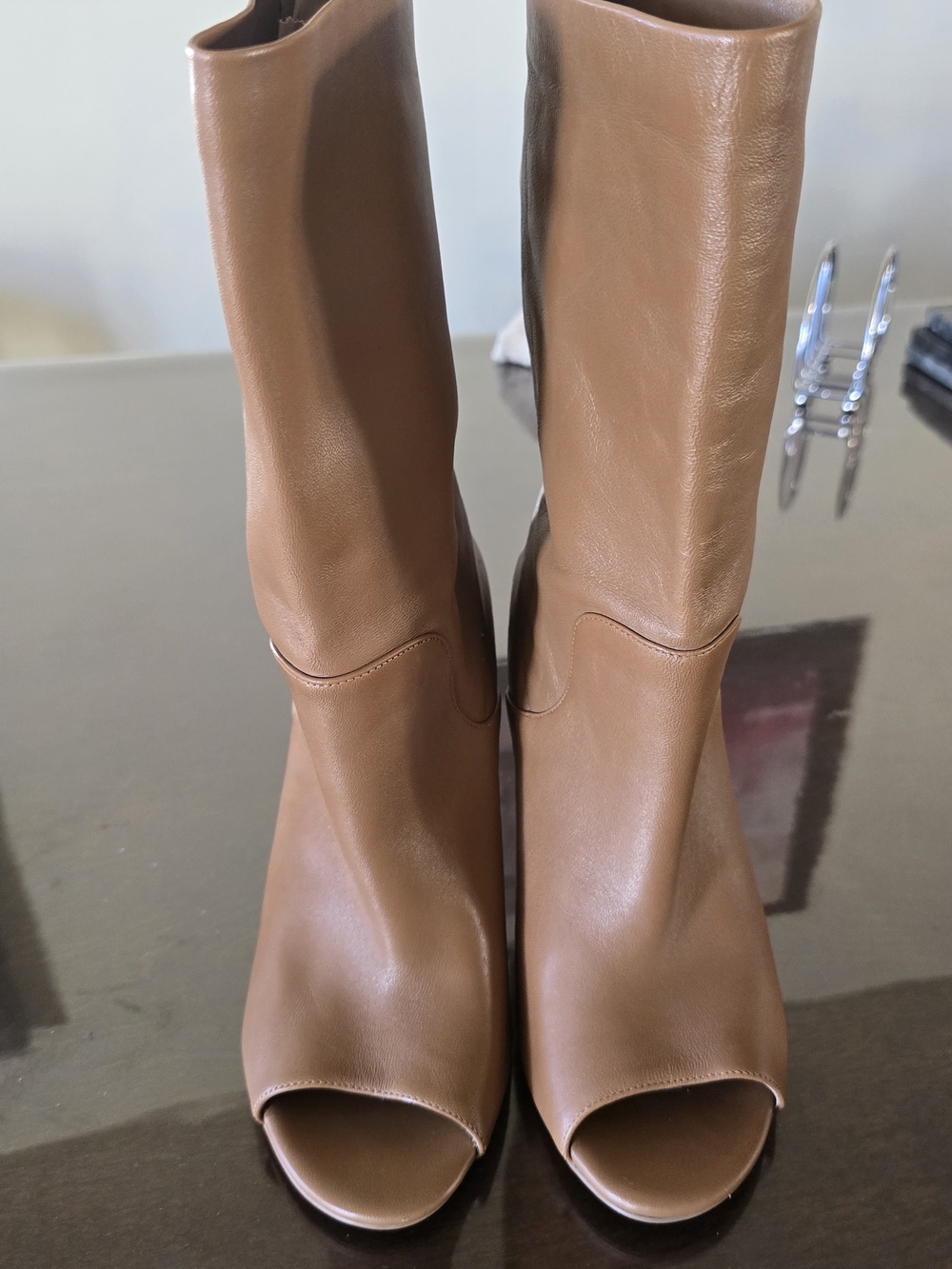 MICHAEL Michael Kors Elaine Open Toe Leather Booties Mid-Calf Tan Acorn 7.5M